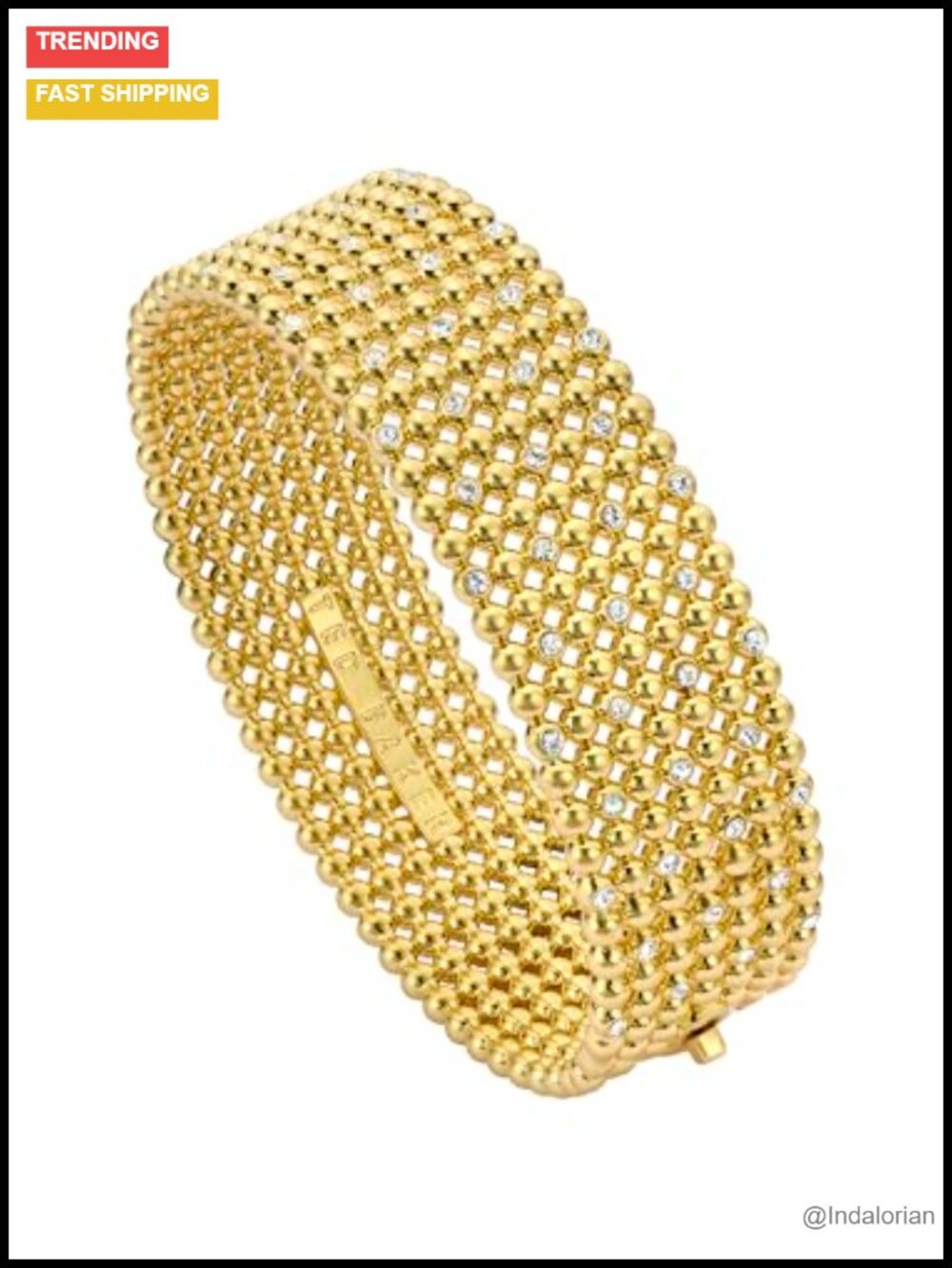 Wide Bangle Bracelet Gold Tone Plated Brass Crystal Bobble Textured